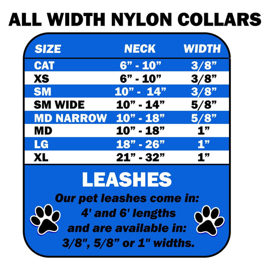 Chart of adjustable nylon pet collar sizes and widths for cats and dogs by WooF WooF MeoW MeoW