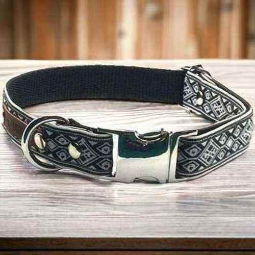 Black and gray patterned adjustable personalized collar for dogs with metal buckle and ring