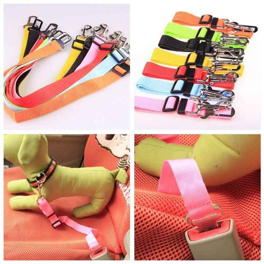 Adjustable pet car seat belt in multiple colors with metal clips for secure pet travel by Purrfect Pet Kingdom
