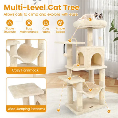 44-Inch Multi-Level Cat Tree Tower with Plush Top Perch Bed by Purrfect Pet Kingdom: beige plush, condo, hammock & cat.