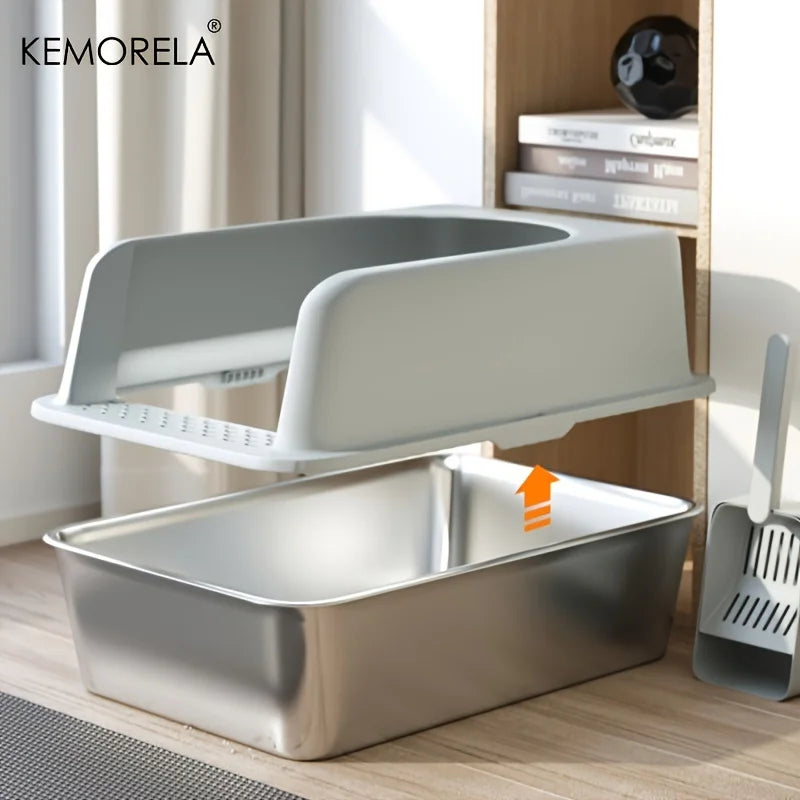 Stainless Steel Litter Box With Litter Mat And Litter Spade Lid High Side Suitable For Large Cats Closed Litter Tray With Spoon