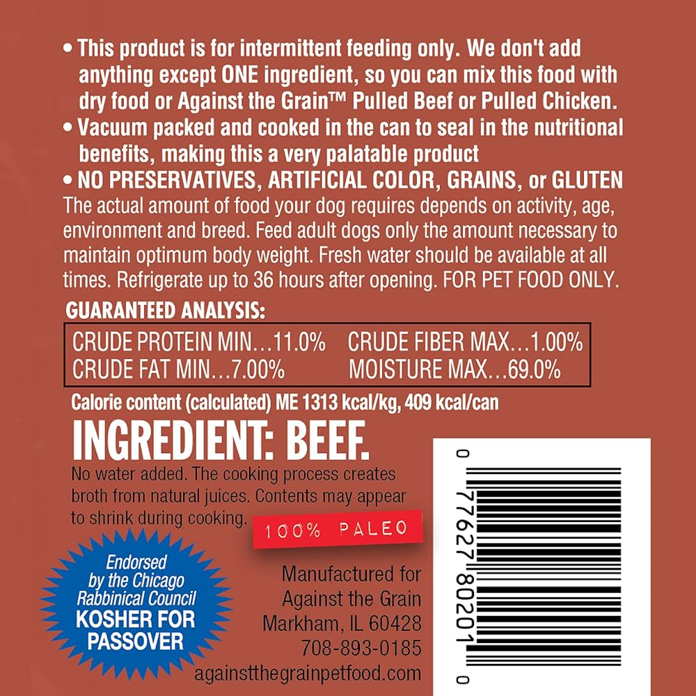 Against The Grain 100% beef wet dog food in a vacuum-packed can with nutritional details