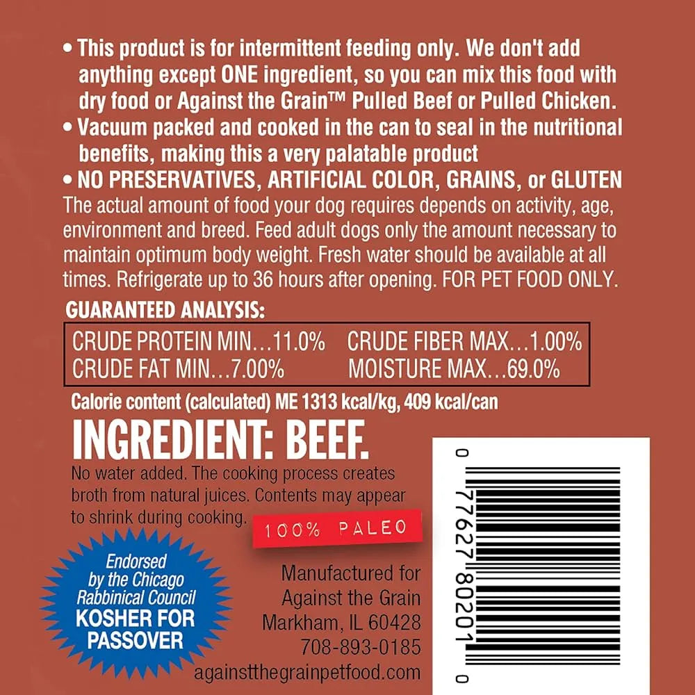 Against The Grain All Life Stages 100% Beef Wet Dog Food by The Family Pet, 11oz can, perfect for all dog breeds.