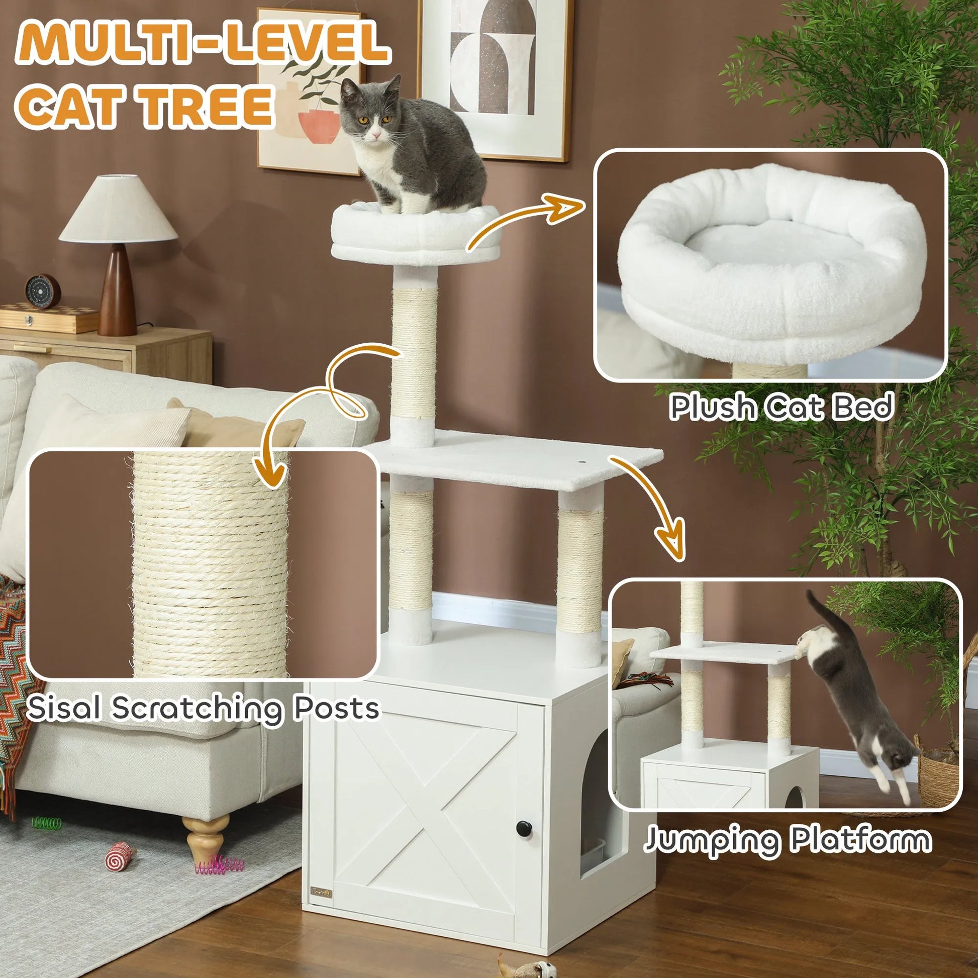 All-in-One Cat Tree with Hidden Litter Box Enclosure by Purrfect Pet Kingdom in white, perfect for stylish cat lovers.