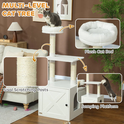 All-in-One Cat Tree with Hidden Litter Box Enclosure by Purrfect Pet Kingdom in white, perfect for stylish cat lovers.