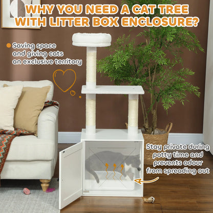 All-in-One Cat Tree with Hidden Litter Box Enclosure by Purrfect Pet Kingdom in white, perfect for stylish cat owners.