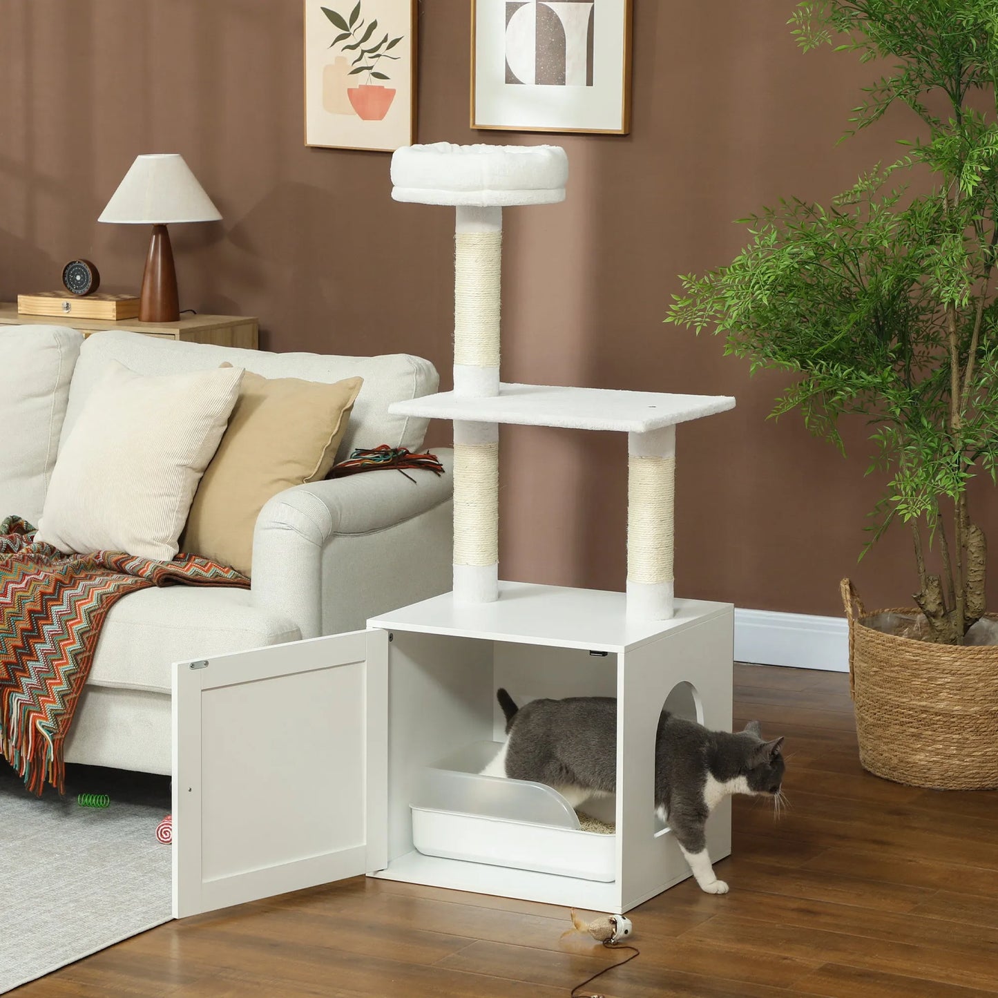 All-in-One Cat Tree with Hidden Litter Box Enclosure by Purrfect Pet Kingdom in white, perfect for stylish cat owners.