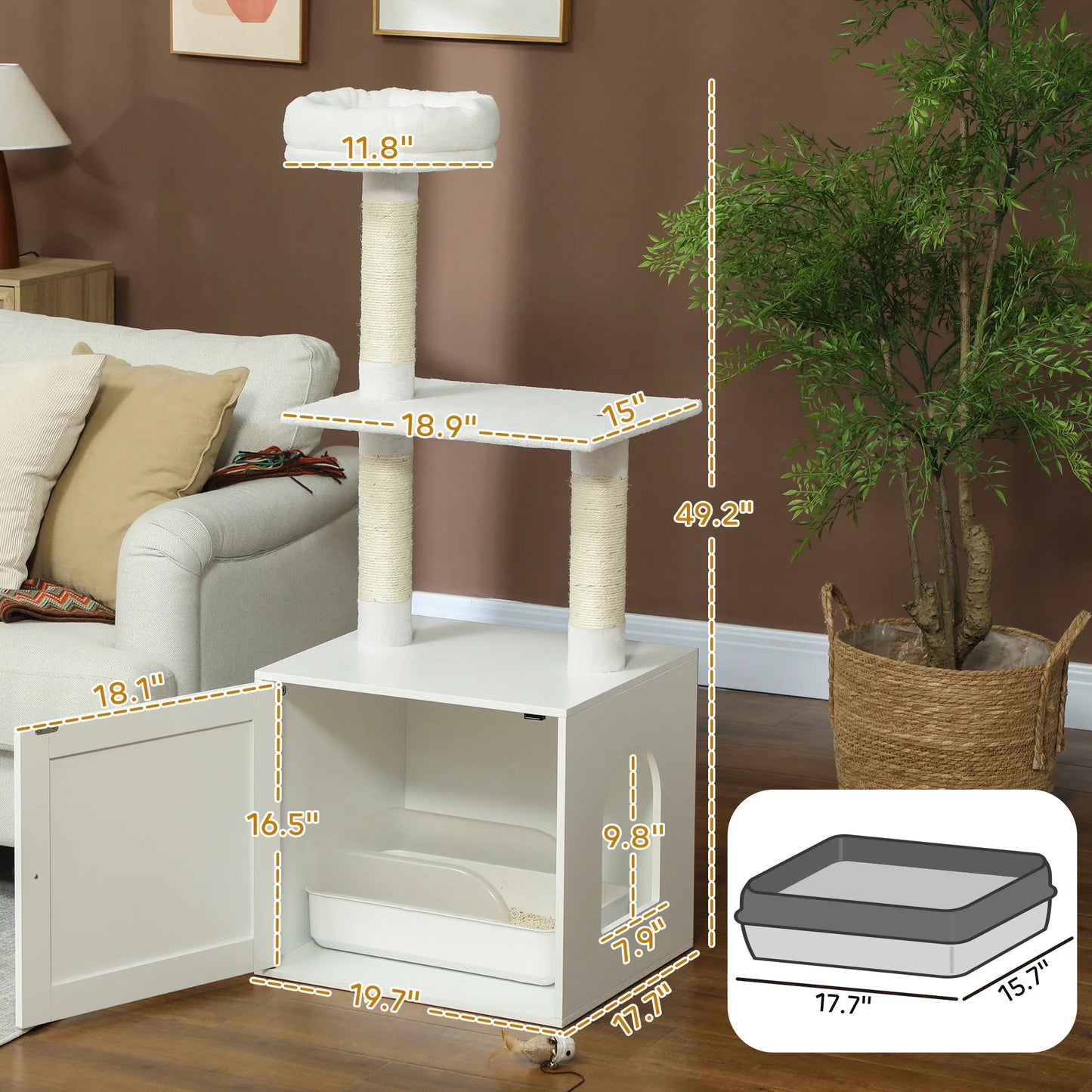 All-in-One Cat Tree with Hidden Litter Box Enclosure by Purrfect Pet Kingdom in white, perfect for stylish cat owners.