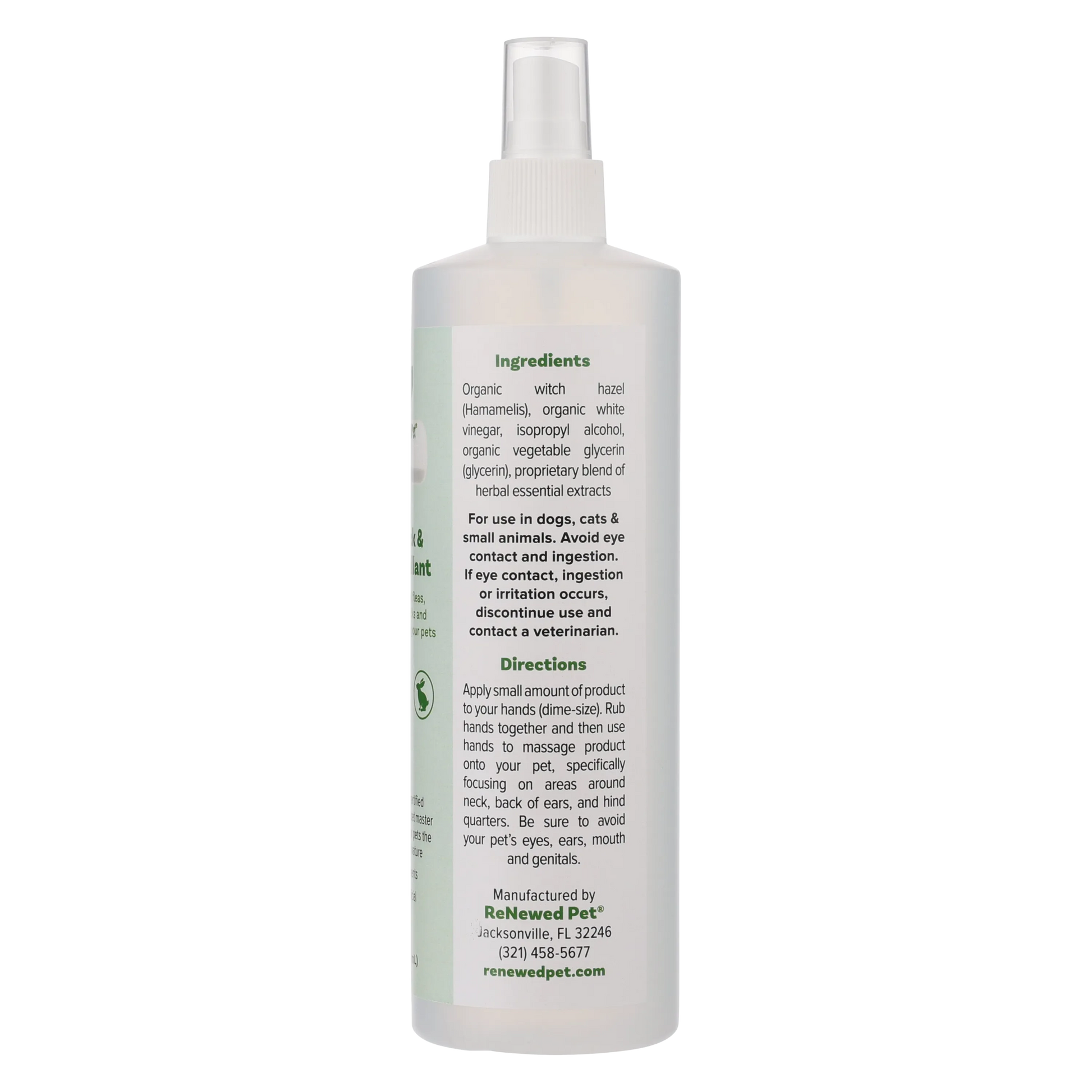 All-Natural Flea and Tick Repellent Spray for Dogs and Cats by ReNewedPet, available in 2 OZ, 4 OZ, and 16 OZ sizes.