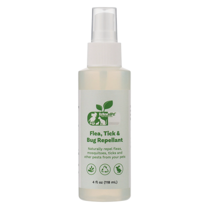 All-Natural Flea and Tick Repellent Spray for Dogs and Cats by ReNewedPet, available in 2 OZ, 4 OZ, and 16 OZ sizes.