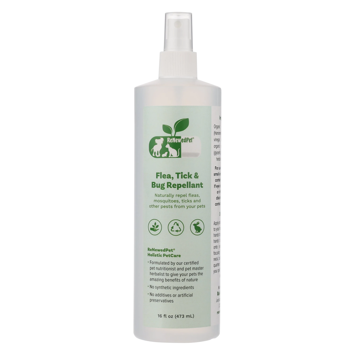 All-Natural Flea and Tick Repellent Spray for Dogs and Cats by ReNewedPet, available in 2 OZ, 4 OZ, and 16 OZ sizes.