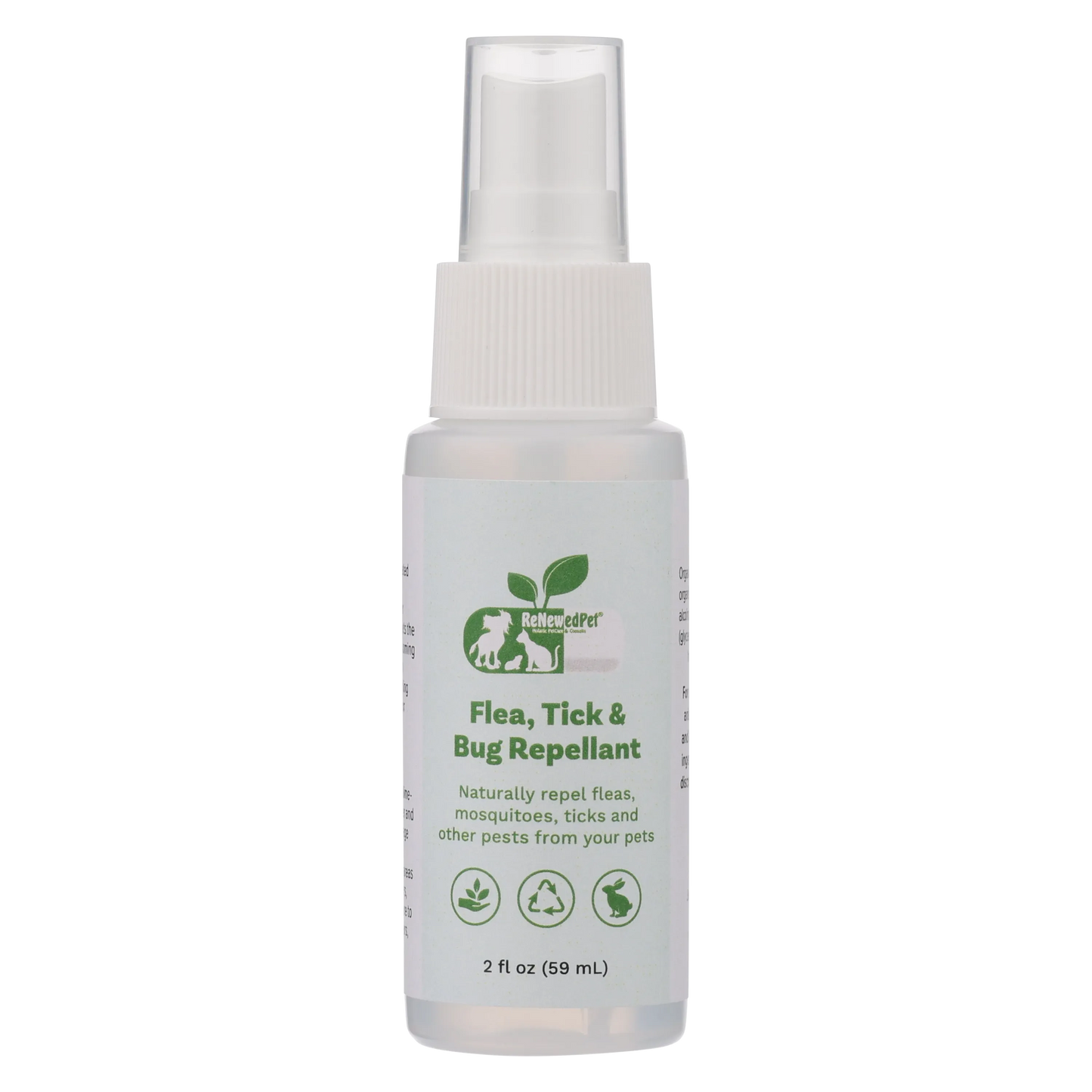 All-Natural Flea and Tick Repellent Spray for Dogs and Cats by ReNewedPet, available in 2 OZ, 4 OZ, and 16 OZ sizes.