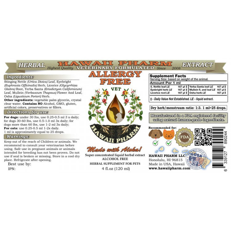 Hawaii Pharm Allergy Free herbal extract label for pets. White with orange text, ingredients, and supplement facts.