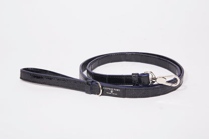 Bespoke Paws small glossy black alligator skin dog leash with silver metal hardware and lobster clasp.