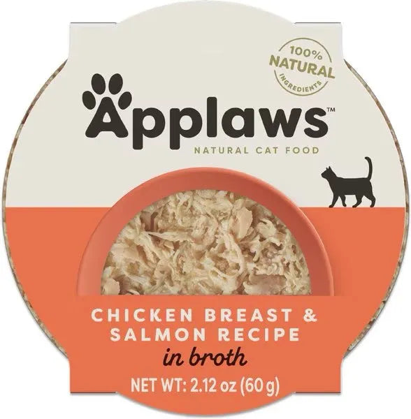 Applaws Chicken Breast & Salmon in Broth Wet Cat Food by The Family Pet, 2.12oz, featuring a rich broth for cats.