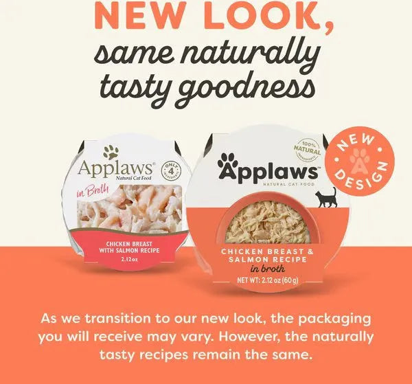 Applaws Chicken Breast & Salmon in Broth Wet Cat Food, 2.12oz by The Family Pet, featuring a colorful packaging design.