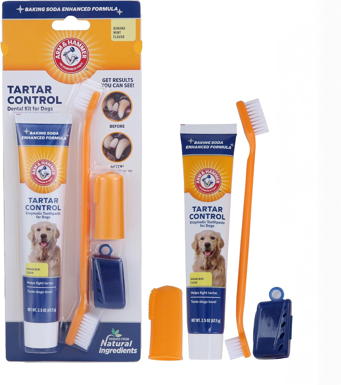 Arm and Hammer dog dental care kit with baking soda toothpaste, toothbrush, and finger brush for tartar control