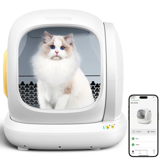 MJ's Pet Closet automatic cat litter box app controlled featuring a sleek design and a fluffy cat inside