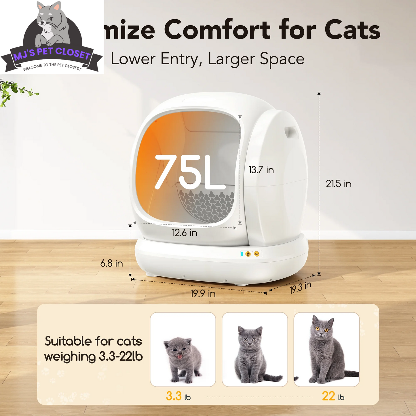 MJ's Pet Closet automatic cat litter box app controlled with lower entry for cats up to 22 lbs