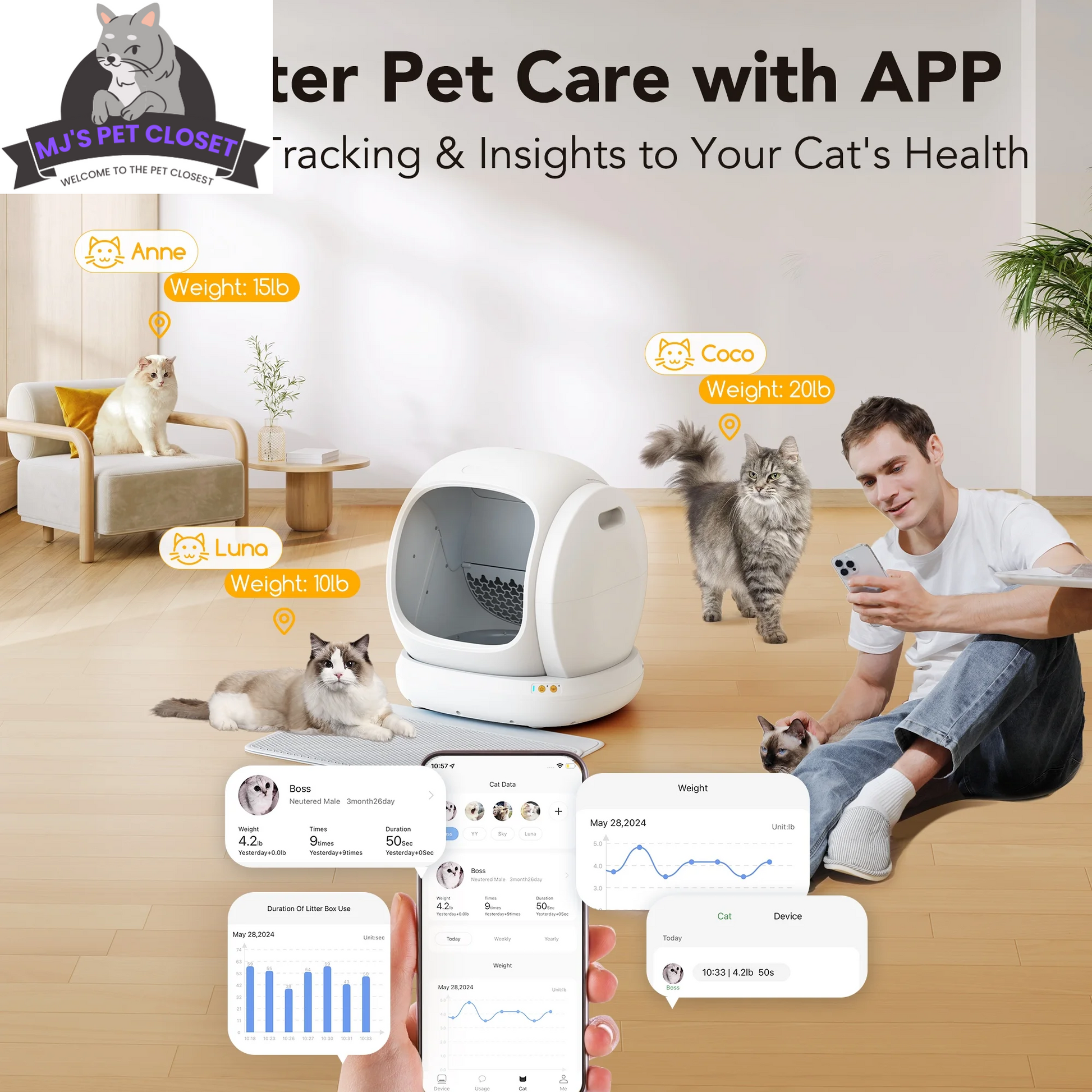 MJ's Pet Closet automatic cat litter box app controlled for easy pet care and health tracking