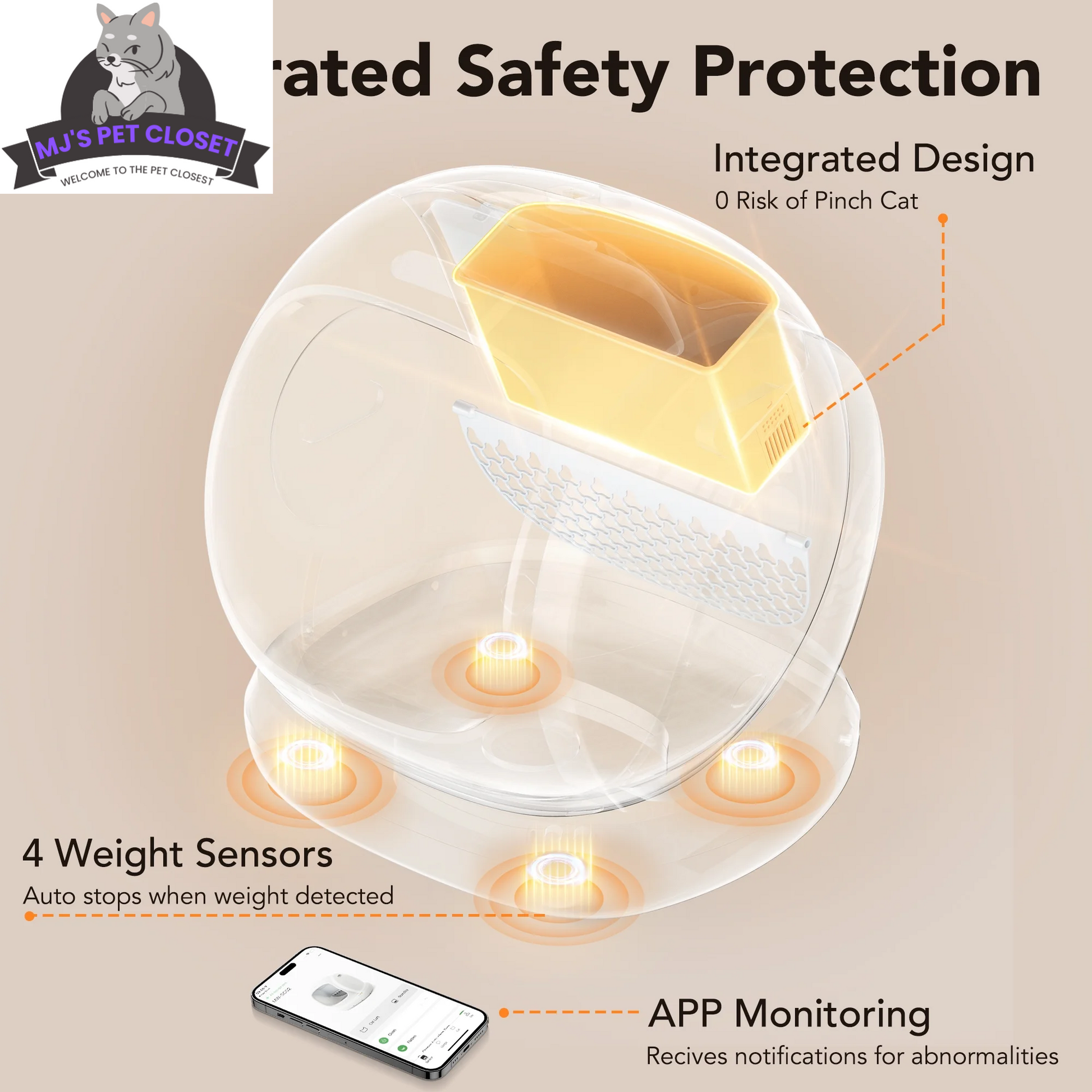 MJ's Pet Closet automatic cat litter box app controlled with integrated safety protection and weight sensors