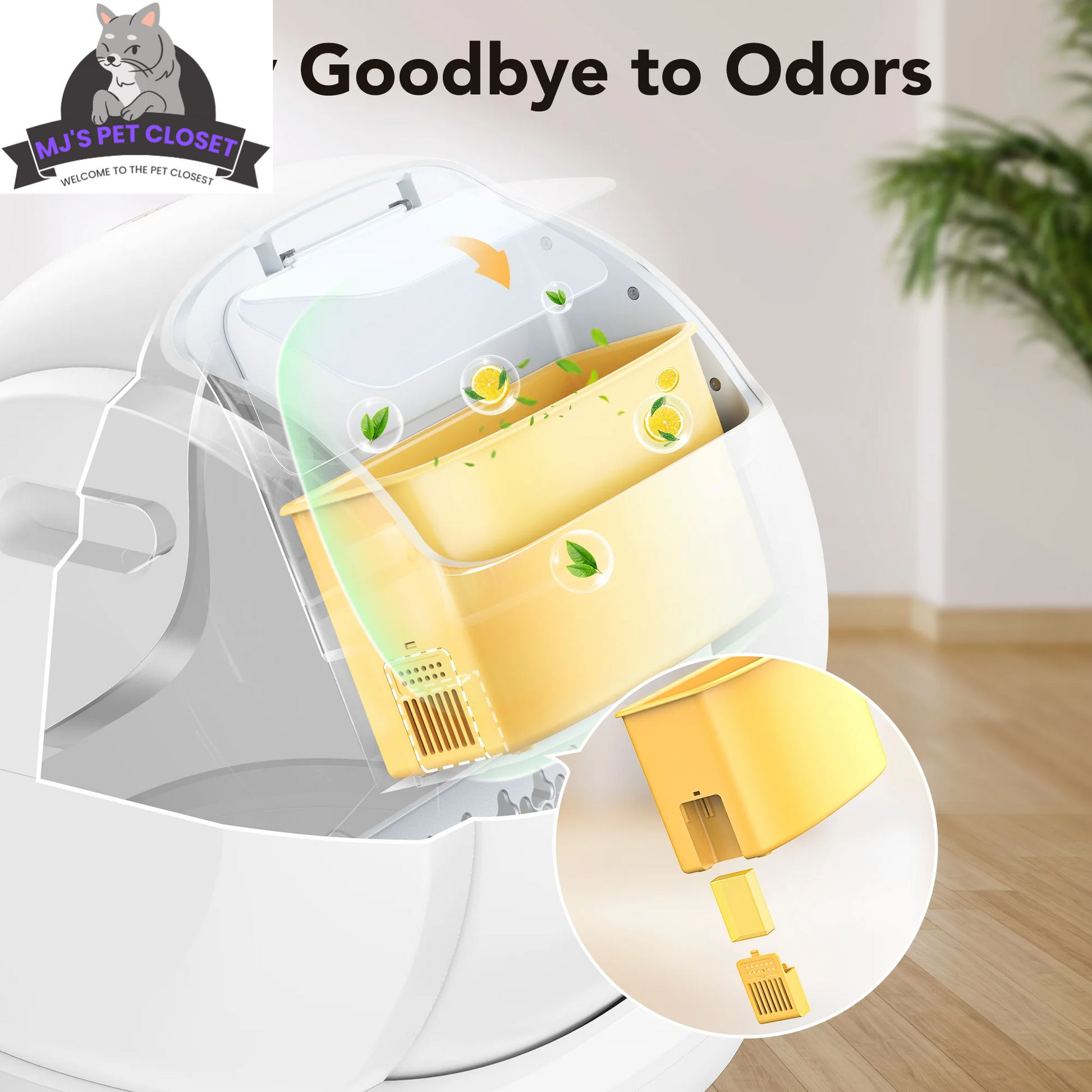 MJ's Pet Closet automatic cat litter box app controlled for easy maintenance and odor elimination