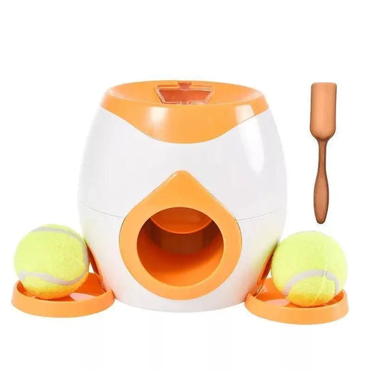 Purrfect Pet Kingdom automatic fetch machine for dogs with two tennis balls and orange scoop