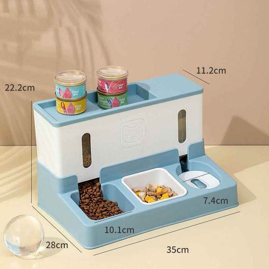 Purrfect Pet Kingdom automatic pet feeder with blue and white design holding dry and wet pet food