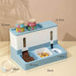 Purrfect Pet Kingdom automatic pet feeder with blue and white design holding dry and wet pet food