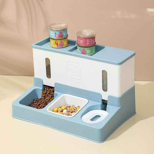 Purrfect Pet Kingdom automatic pet feeder in white and blue with dual food compartments and storage for pet cans