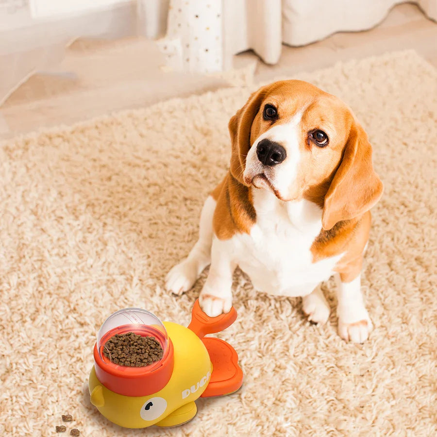 Automatic pet treat dispenser in yellow with a playful design for engaging pet playtime