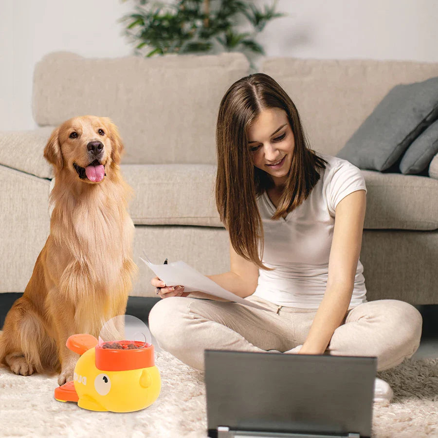 Automatic pet treat dispenser in use with a dog and owner, enriching playtime and feeding routine
