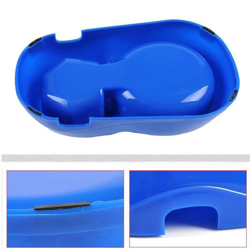 Blue automatic pet water dispenser with a curved design for easy pet access and hydration