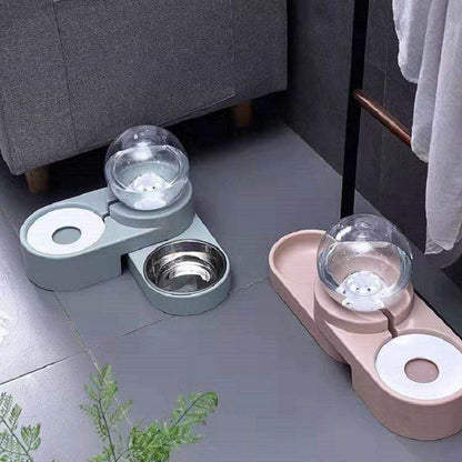 Purrfect Pet Kingdom automatic pet water fountain with dual feeding bowls in gray and pink colors