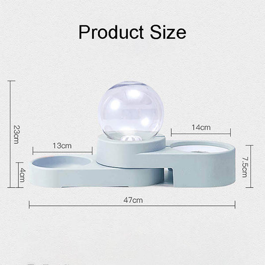 Purrfect Pet Kingdom automatic pet water fountain with clear water globe and dual feeding bowls measuring 47 cm length