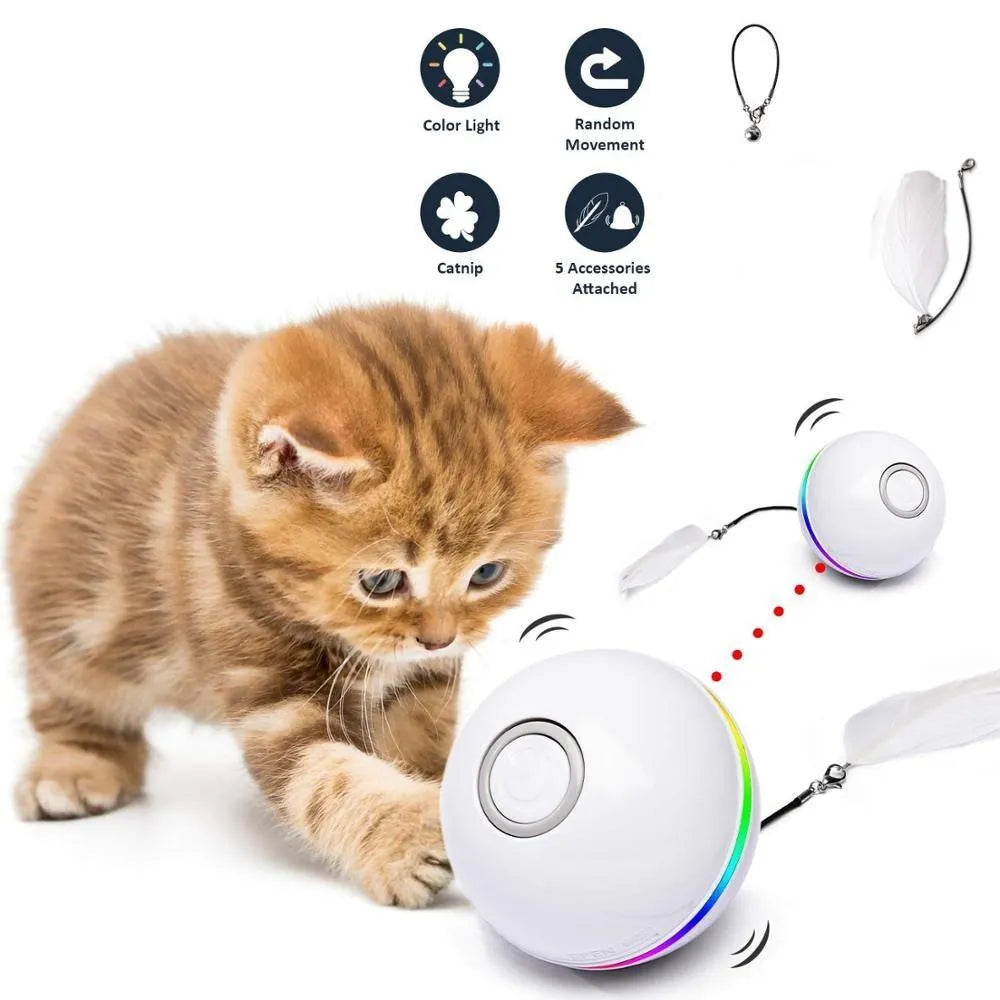 Automatic Smart Cat Toys Ball by Stevvex in pink, featuring colorful LED lights, feathers, and bells to stimulate hunting ...