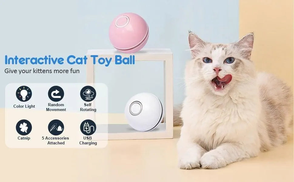 Automatic Smart Cat Toys Ball by Stevvex in pink, featuring colorful LED lights and feather bells, perfect for interactive...