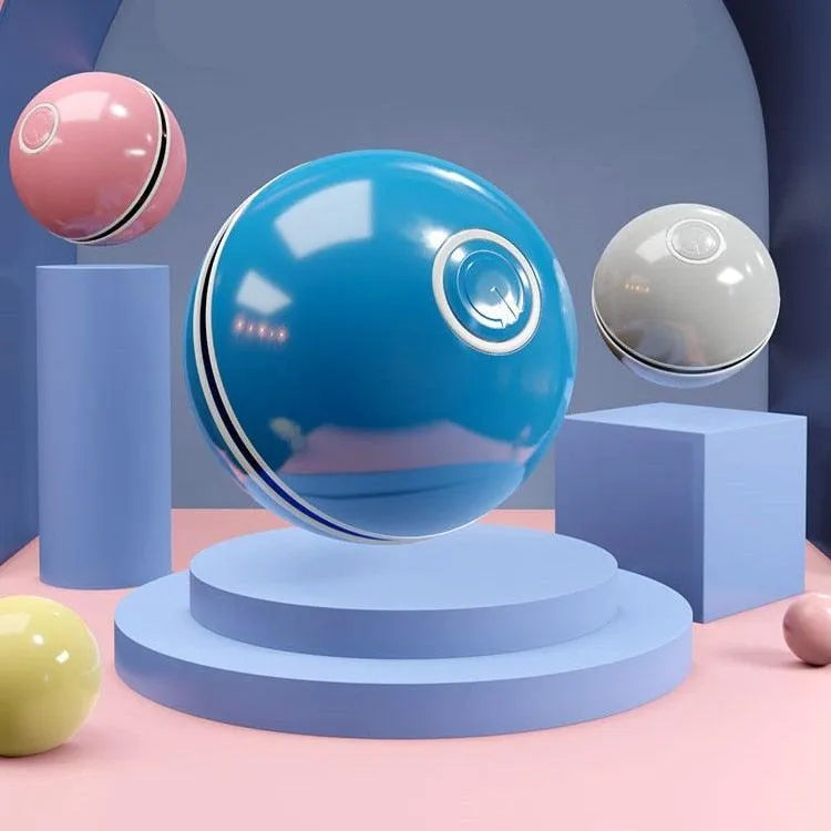 Automatic Smart Cat Toys Ball by Stevvex in pink, featuring colorful LED lights and feather bells to engage cats and kittens.