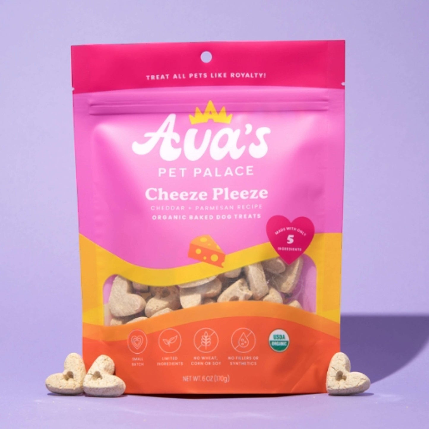 Ava's Cheeze Pleeze gourmet dog treats in heart shapes, organic and baked for your pet's enjoyment