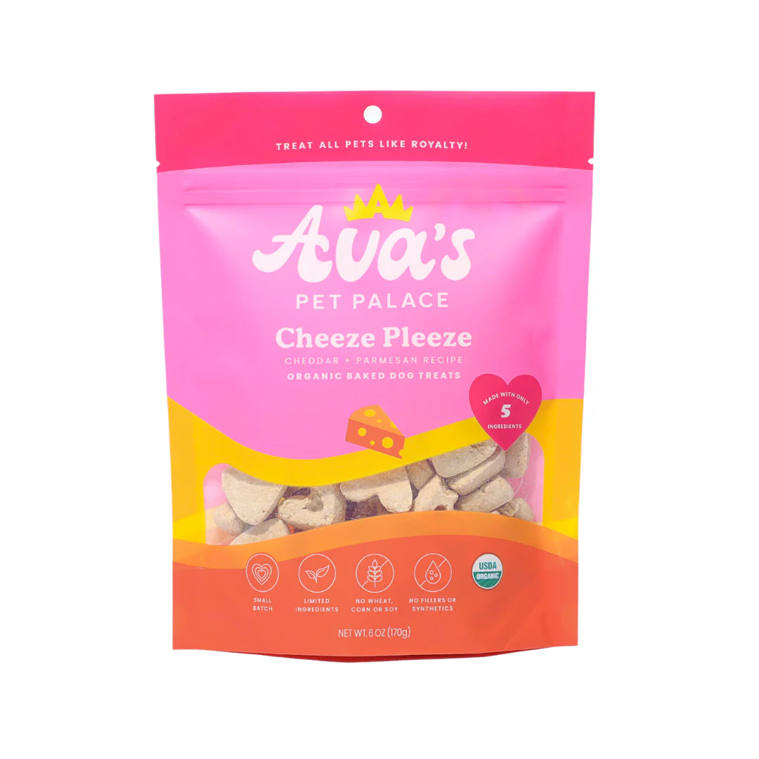 Ava's Cheeze Pleeze gourmet dog treats in a colorful bag with heart-shaped snacks for dogs