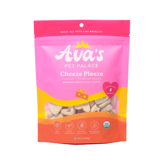 Ava's Cheeze Pleeze gourmet dog treats in a colorful bag with heart-shaped snacks for dogs