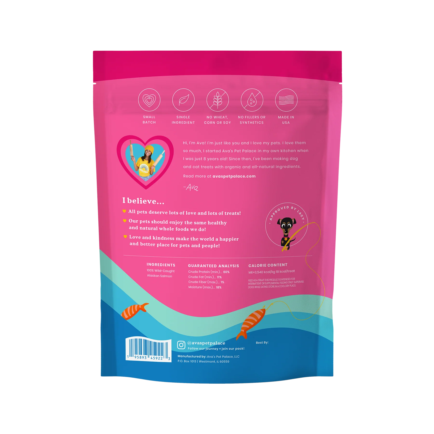 Ava's Pet Palace dog snacks package featuring colorful design and healthy ingredients for dogs