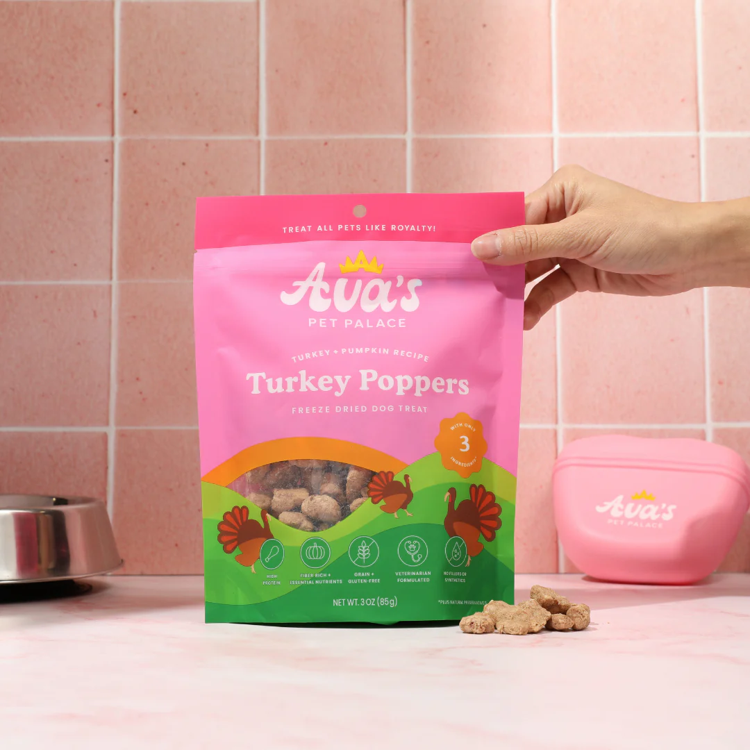 Ava's Pet Dog Treats Turkey Poppers bag featuring freeze dried turkey dog treats for premium pet snacks