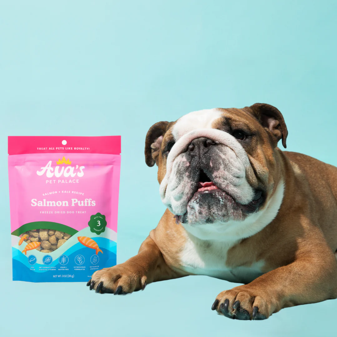 Ava's Pet Dog Treats in Salmon Puffs packaging next to a happy bulldog, grain free salmon dog snacks