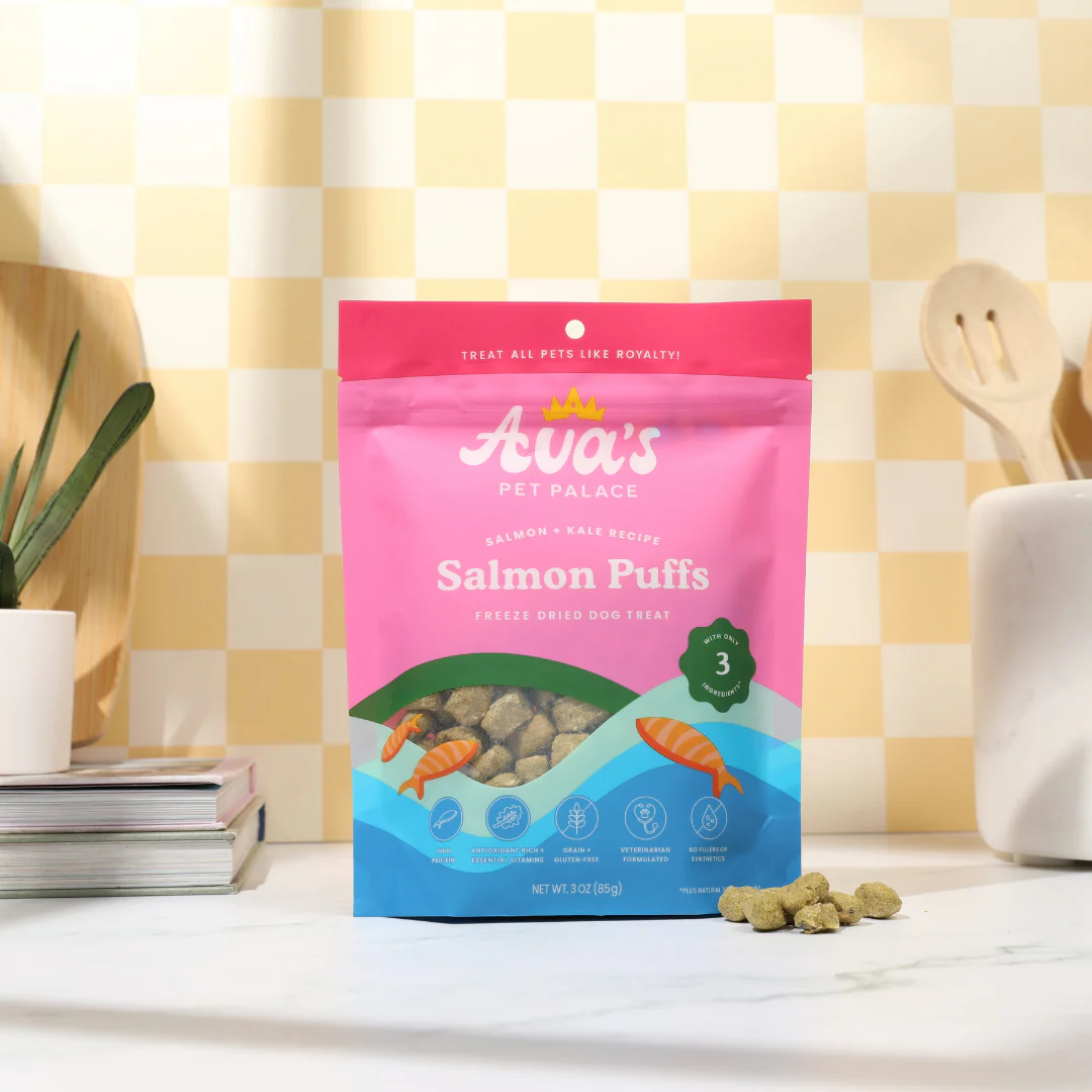Ava's Pet Dog Treats salmon puffs in pink packaging, grain free salmon dog snacks for your furry friend