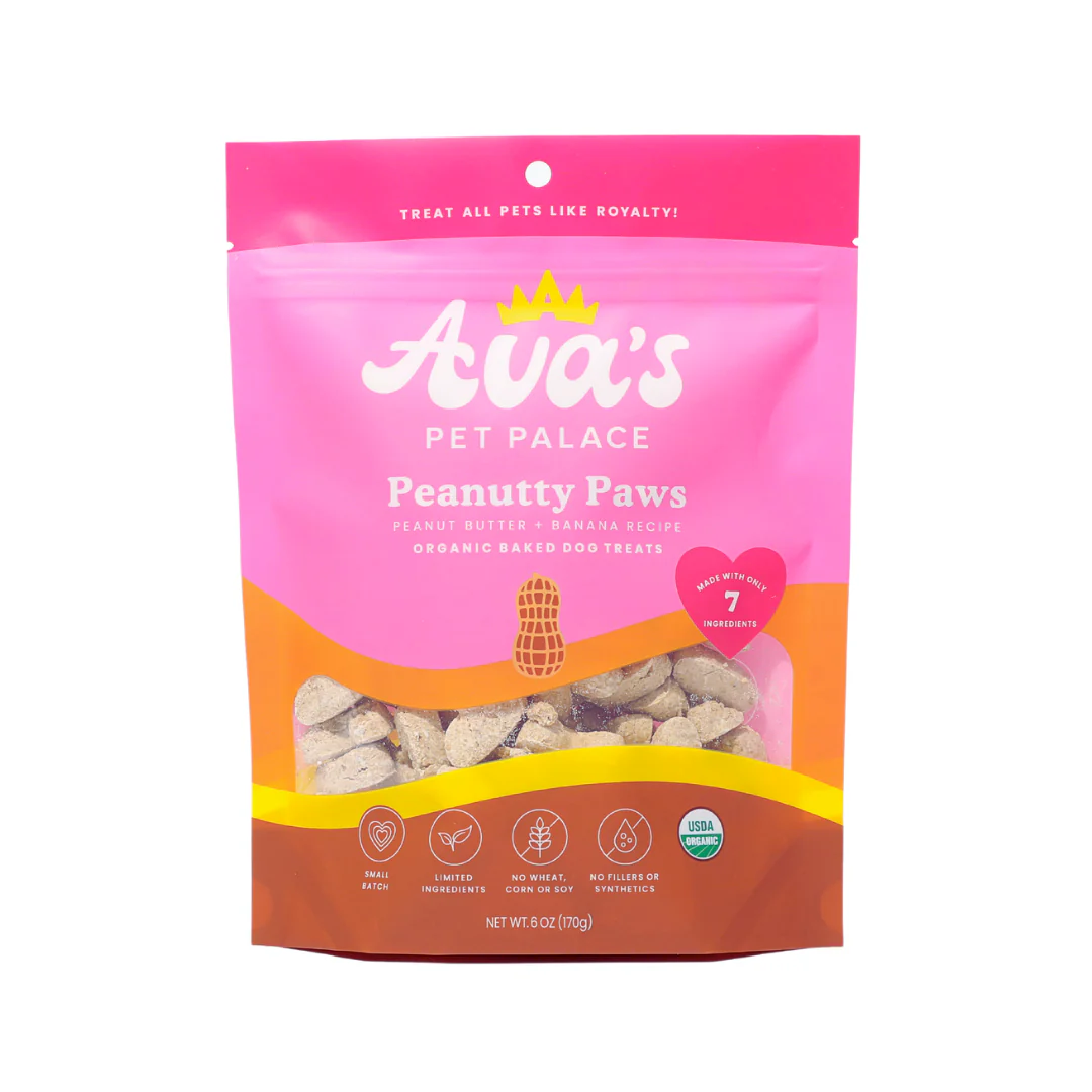 Ava's Pet Palace Peanutty Paws review featuring organic baked dog treats with peanut butter and banana flavor