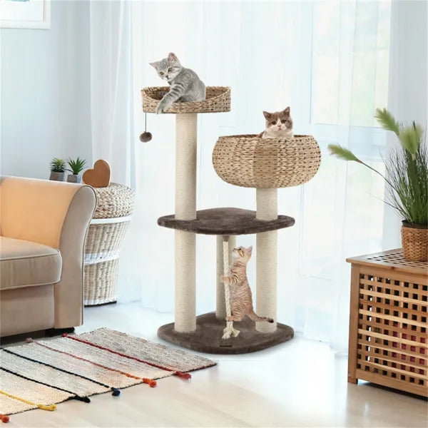 3 cats on a 41-inch woven water hyacinth cat tree with brown levels, sisal posts, and two elevated basket perches.