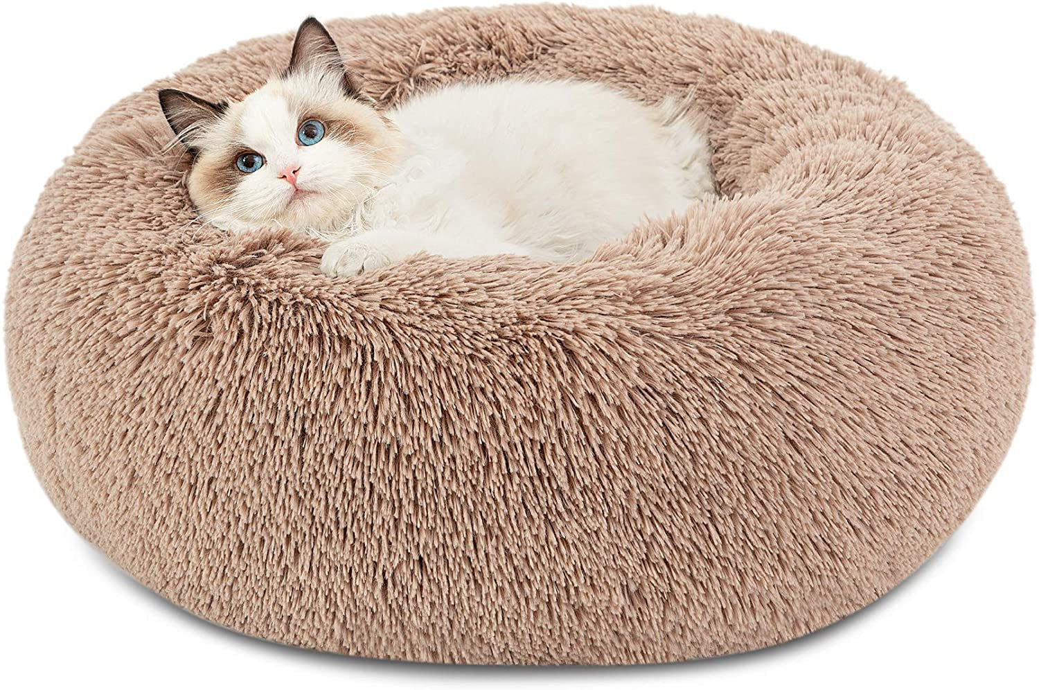 Cozy faux fur dog bed in beige color with fluffy texture, perfect for small pets to snuggle in