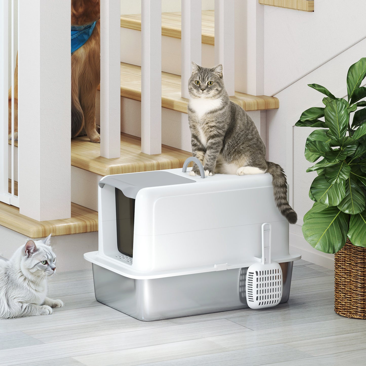 Cat Litter Box Stainless Steel – 2-in-1 Enclosed Sifting Pan