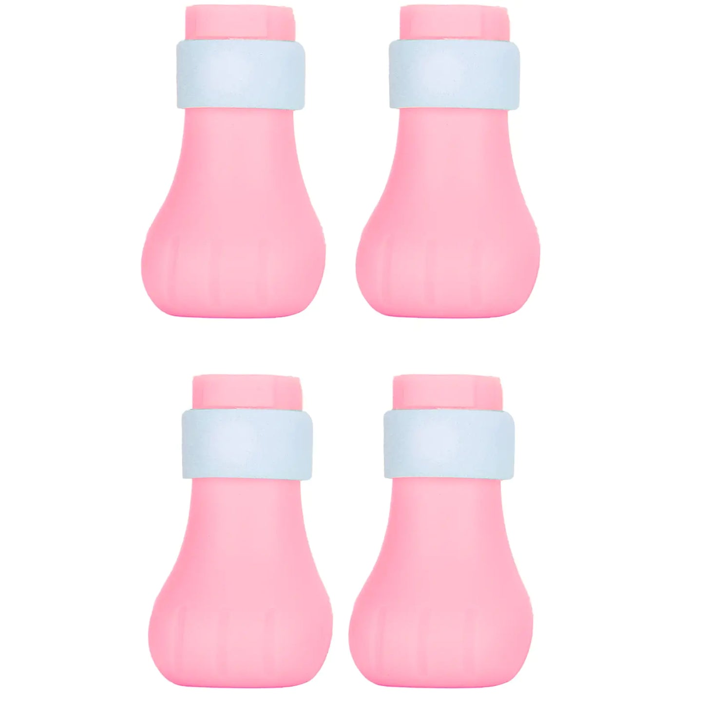 Four pink bottles with light blue bands on a white background